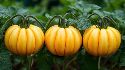 Three vibrant yellow tomatoes on the vine