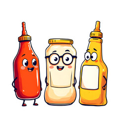 Cartoon condiments featuring ketchup mayonnaise and mustard with happy faces on a black background isolated with white background
