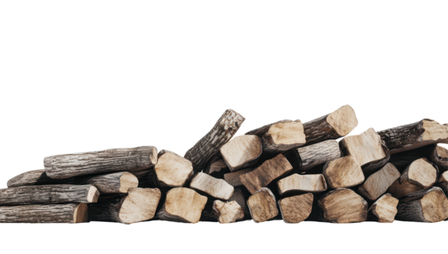 A haphazard pile of split firewood logs, varying in size and exhibiting a mix of light and dark brown hues, set against a black background