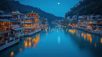 Fototapeta premium Serene river village at night, illuminated by lanterns