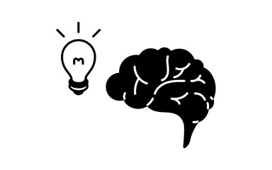 Simple line drawing icon of brain and glowing light bulb inspiration
