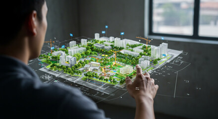 A person interacts with a 3D urban planning model for future development.
