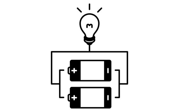 Simple line drawing icon of a dry cell battery with parallel connections