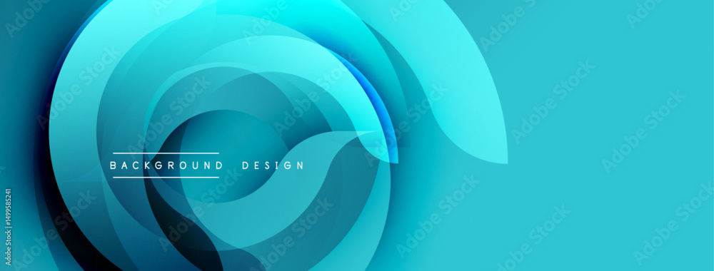 Poster Abstract blue design features layered circular shapes. Smooth gradients create dynamic visual flow, modern aesthetic. Minimalist style.