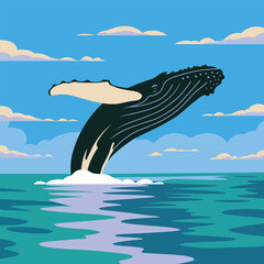 Breaching Humpback Whale in Stylized Ocean Vector Art