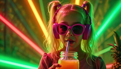 Young girl drinks juice. Blond child in neon lights, wearing headphones, sunglasses at disco party. Girl enjoys drink from glass jar with straw near pineapple. Retro disco vibes with cyberpunk colors.