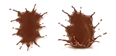 Realistic illustration of brown liquid splashes on clean white background. Dynamic and flowing design suitable for beverage advertisements and creative presentations.