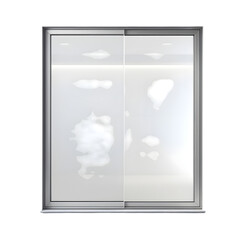 A sliding glass door with a silver frame and frosted glass panels against a black background in a studio shot isolated with white background