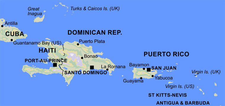 Vector geographical world map. Cuba, haiti,
dominican republic, puerto rico, antigua and barbuda,
st kitts nevis, san juan, santo domingo, port au prince,
turks and caicos island, virgin island.