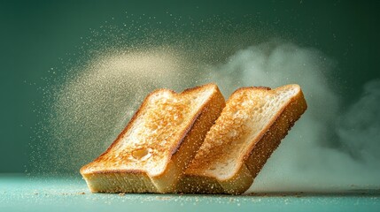 Toasted bread slices exploding with crumbs and steam