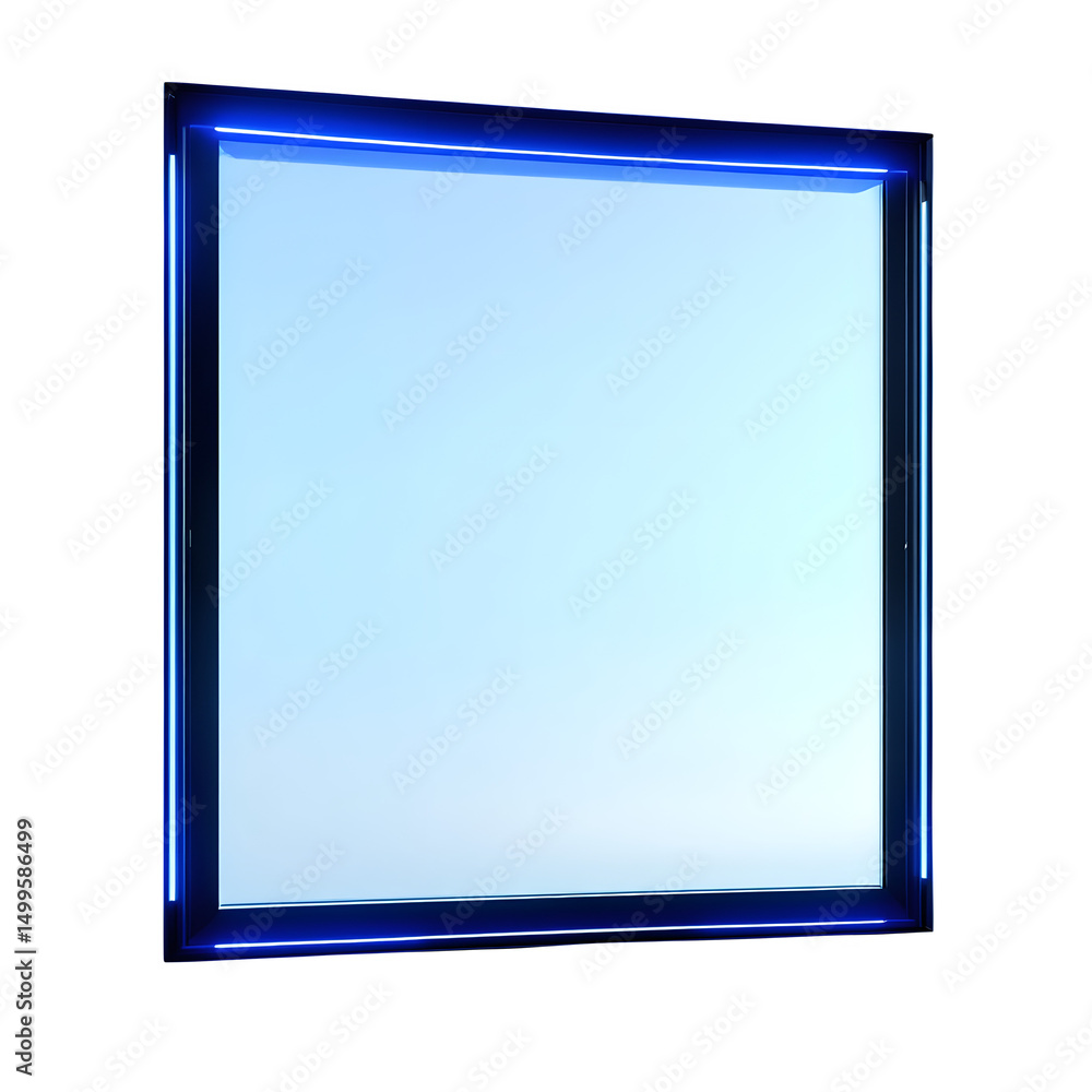 Poster a square frame with blue neon lights against a black background in a studio setting showcase display