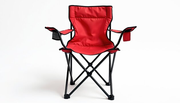 Red folding camp chair isolated against white background. Portable seating equipment for outdoor travel. Lightweight foldable chair ideal for camping, picnics, hiking fishing. Modern design for