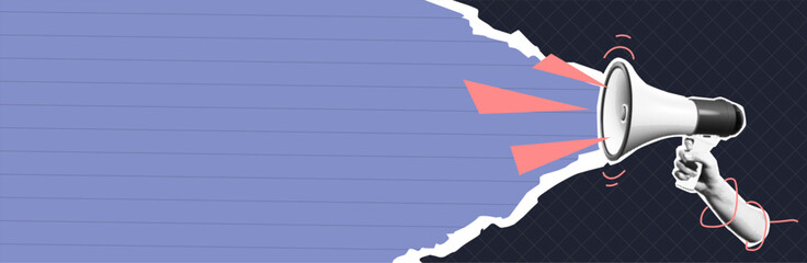 Collage of a hand holding a megaphone projecting sound. Torn paper effect reveals a blue background. Creative design suitable for advertising and announcements.