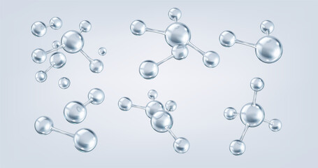 Interconnected silver collagen molecules realistic color icons set. Intricate network of tissue structure 3d objects bundle on grey background