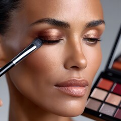 Close-up of makeup application on a woman's face.  A makeup artist applies eyeshadow to the eye.  Palette of eyeshadows in the background