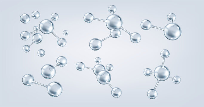 Interconnected silver collagen molecules realistic color icons set. Intricate network of tissue structure 3d objects bundle on grey background