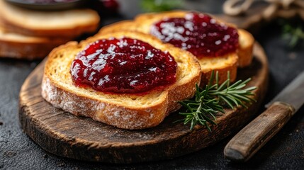 Toasted bread slices topped with cranberry jam