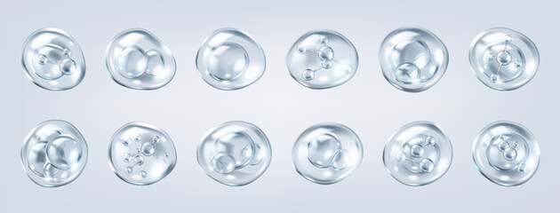 Collagen molecules floating inside transparent bubbles realistic color icons set. Scientific cosmetic research of 3d objects bundle on grey