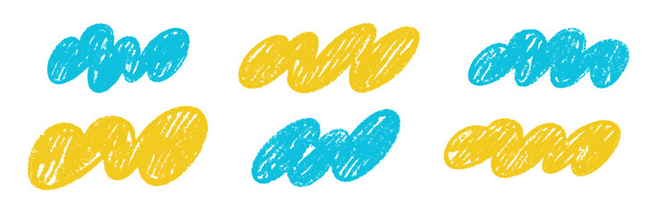 Hand-drawn crayon clouds with pastel colors. Children sketch elements and school chalkboard. Flat vector illustration isolated on white background.