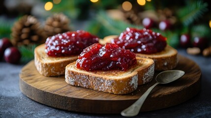 Toasted bread topped with cranberry jam