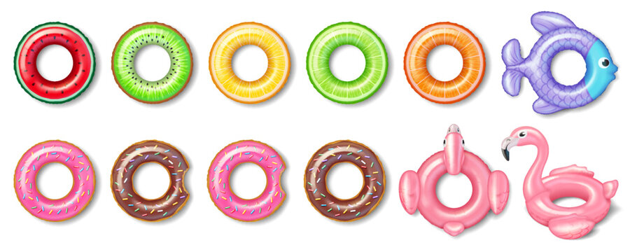 Bright inflatable pool floats resembling fruits, donuts, fish, and flamingos, perfect for poolside fun and relaxation. Vivid colors and whimsical designs make these ideal for summer leisure.
