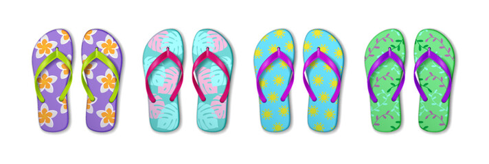 Illustration of vibrant flip flops in multiple patterns. Purple, blue, and green colors with floral, leaf, and sun motifs. Perfect for summer beach vibes.