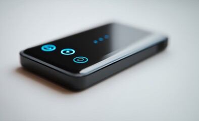 Sleek black media player with glowing blue buttons on minimalist white surface, featuring play and pause symbols. Modern digital entertainment and technology concept.	