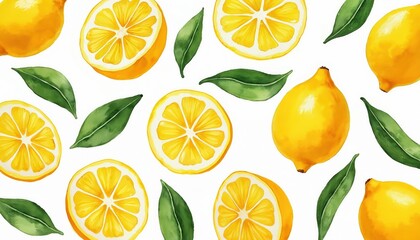 Watercolor illustration featuring fresh lemons. Bright yellow citrus fruits, lemon slices with green leaves. Ingredients lemonade. Perfect for food design, culinary, healthy eating, diet, recipes,