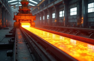 Hot iron slab moving on conveyor metal rolling mill in factory. Manufacturing process of steel. Industrial production. Steelworks metalwork in workshop.