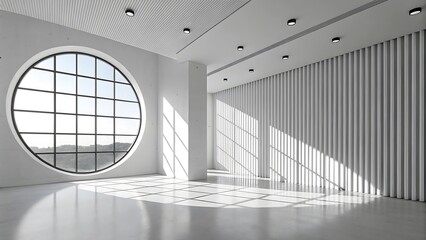 Obraz premium Modern minimalist interior design featuring a large circular window and white walls
