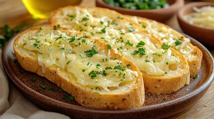Toasted bread topped with melted cheese and fresh herbs