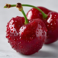Close-up of two fresh, ripe cherries with water droplets
