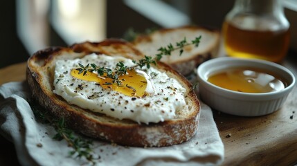 Toasted bread with cream cheese, honey, and herbs