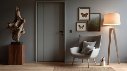 Modern Austrian interior design, drifting wood sculpture art wooden base, curved gray fabric armchair, three legged floor lamp, light colored wooden floor with minimalist natural style.