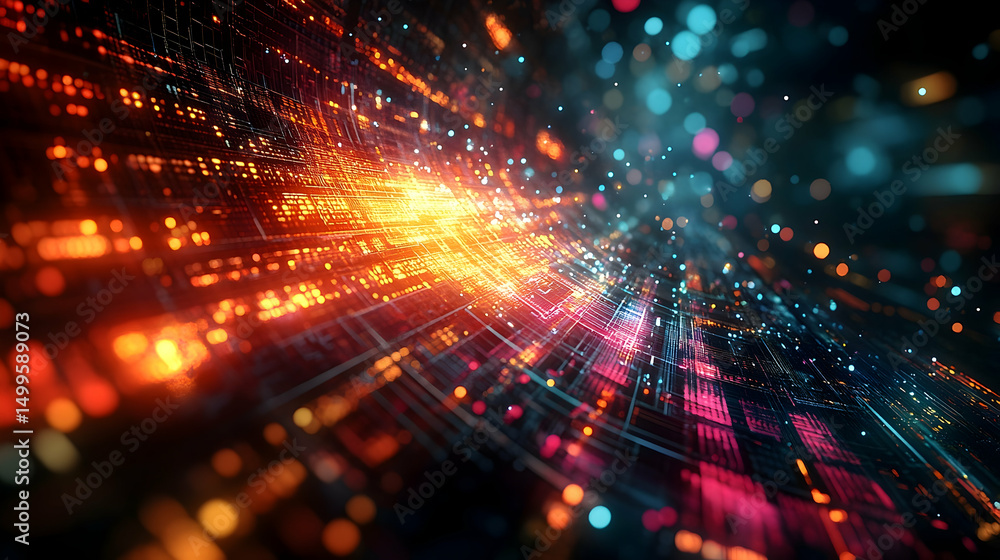 Poster Dynamic digital circuit design with vibrant glowing patterns.