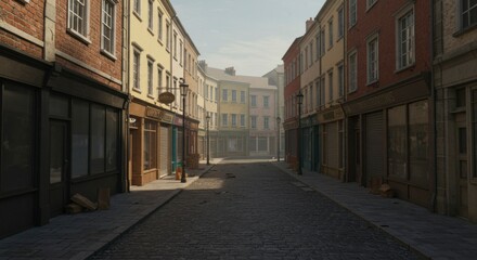 Obraz premium Quaint, empty European street lined with shops