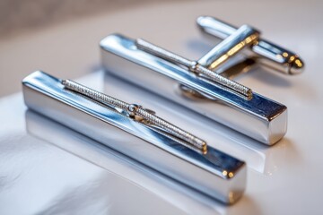 Fototapeta premium A sophisticated close-up of shiny silver cufflinks, perfect for adding a touch of class to any formal attire, showcasing elegance and modern design in mens fashion.