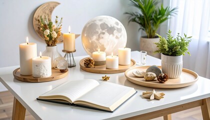 Fototapeta premium Candles flicker softly around a central moon lamp in a tranquil workspace filled with nature.