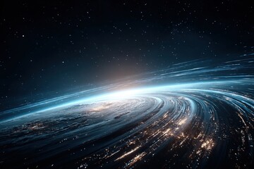 An abstract, conceptual image depicting the curvature of space-time near a massive object, with swirling light trails and a starlit sky as a cosmic backdrop.