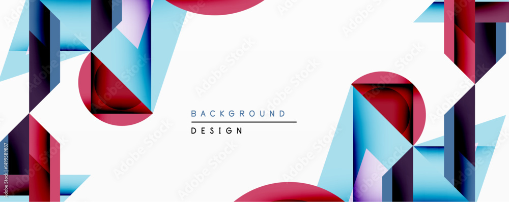 Poster abstract geometric shapes create dynamic composition. red, blue, purple hues blend with white space.