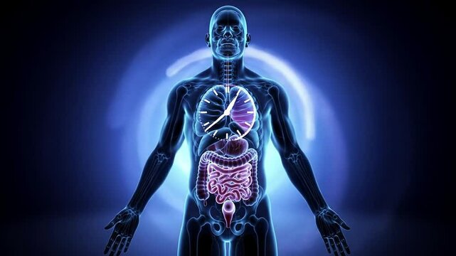 Human body anatomy illustration with biological clock concept. 4K UHD