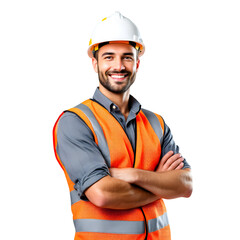 A smiling construction worker with a white hard hat and an orange safety vest on a black background isolated with white background