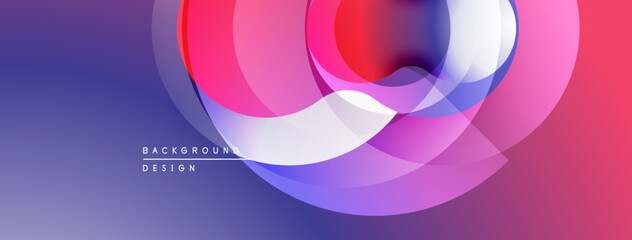 Abstract design features overlapping circles, vibrant gradients. Purple, pink, blue hues create modern visual effect. Minimal text present.