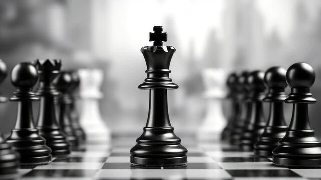 A close-up of a black chess king surrounded by pawns on a chessboard.