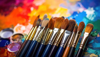 Fototapeta premium A collection of paintbrushes lined up against a vivid backdrop of mixed colors, inviting creativity.