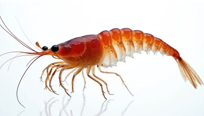 Isolated krill, full body shot on white background. Shrimp, crawfish-like crustacean with red, orange tones. Marine food, seafood, ocean inhabitant. Detailed macro photo with long antennae, legs.