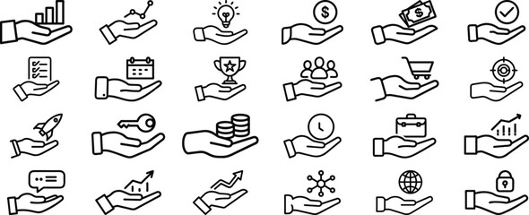 Set of hand gestures, business icon collection, man, money, graph, setting.