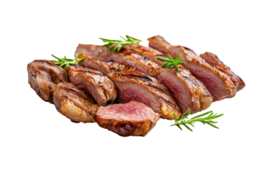 Sliced grilled duck breast, seasoned with rosemary sprigs, showcasing juicy pink interior and browned exterior