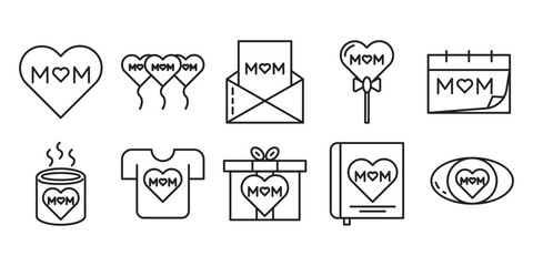 Collection of Mother’s Day themed icons including hearts, gifts, and love elements for festive design needs.