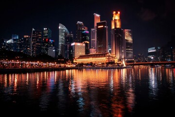 Obraz premium City skyline at night, reflected on water